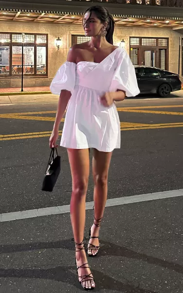 Showpo Sula Mini Dress - Asymmetric Off One Shoulder Puff Sleeve Dress In White Curve Clothes Women