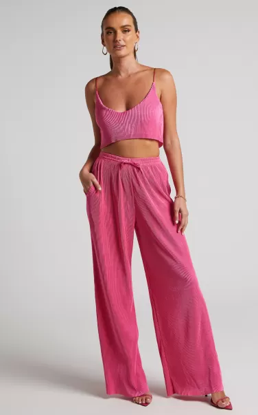 Women Showpo Curve Clothes Elowen Two Piece Set - Plisse Crop Top And Relaxed Wide Leg Pants Set In Pink