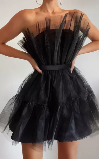 Women Showpo Amalya Mini Dress - Tiered Tulle Fit And Flare Dress In Black Curve Clothes