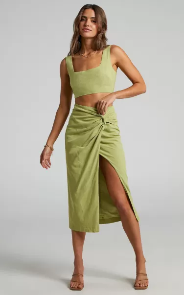 Curve Clothes Showpo Gibson Two Piece Set - Linen Look Crop Top And Knot Front Midi Skirt Set In Celery Women