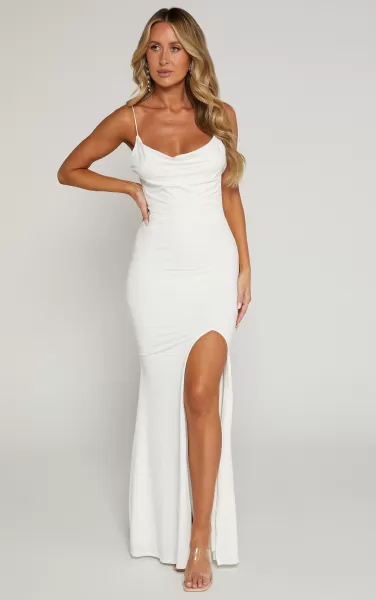 Showpo Women Tasteful Midi Dress - Cowl Neck Bodycon Thigh Split Dress In White Curve Clothes
