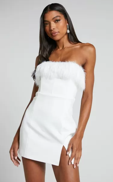 Showpo Rhaiza Mini Dress - Faux Feather Trim Strapless Dress In White Curve Clothes Women