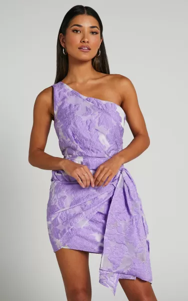 Curve Clothes Women Showpo Brailey Mini Dress - One Shoulder Wrap Front Dress In Purple Jacquard