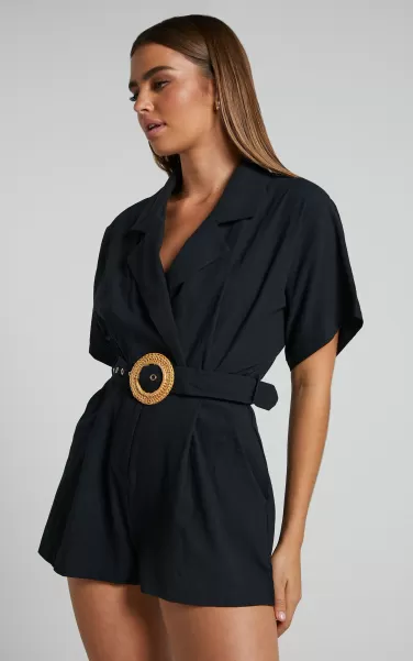 Curve Clothes Thaisa Playsuit - Short Sleeve Collared Belted Playsuit In Black Showpo Women