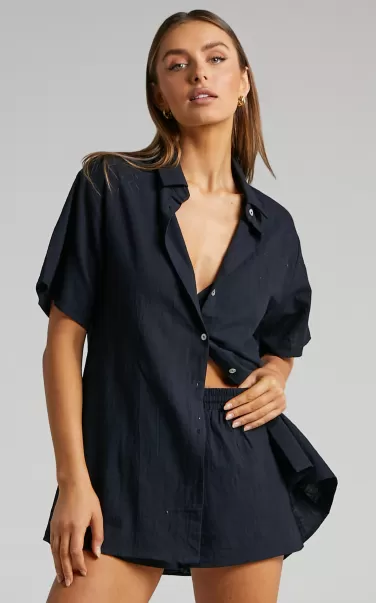 Vina Del Mar Two Piece Set - Button Up Shirt And Shorts Set In Black Curve Clothes Showpo Women