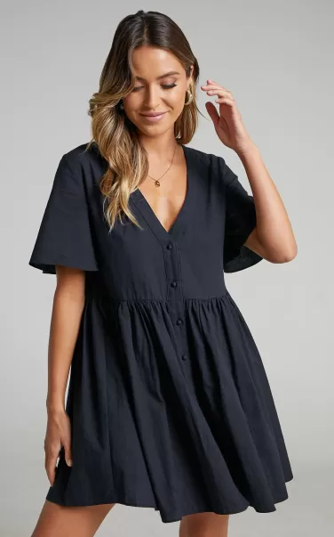 Staycation Mini Dress - Smock Button Up Dress In Black Showpo Curve Clothes Women