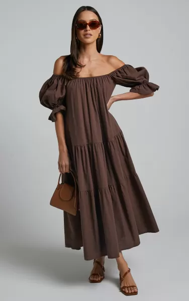 Curve Clothes Zaharrah Midi Dress - Tiered Dress In Chocolate Linen Look Women Showpo