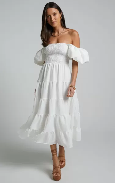 Maxima Midi Dress - Puff Sleeve Shirred Bodice Tiered Dress In White Curve Clothes Showpo Women