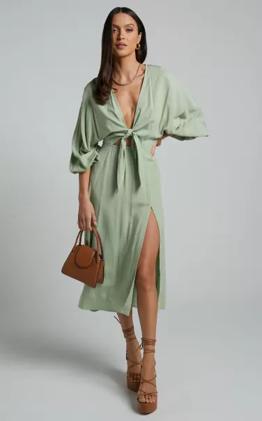 Curve Clothes Showpo Women Tyricia Midi Dress - Long Sleeve Tie Front Cut Out Dress In Sage