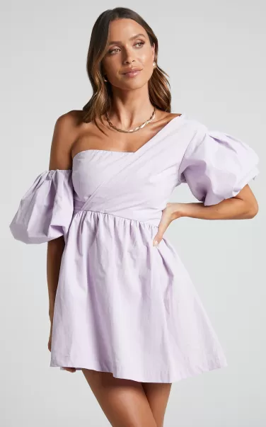 Women Sula Mini Dress - Asymmetric Off One Shoulder Puff Sleeve Dress In Lilac Curve Clothes Showpo