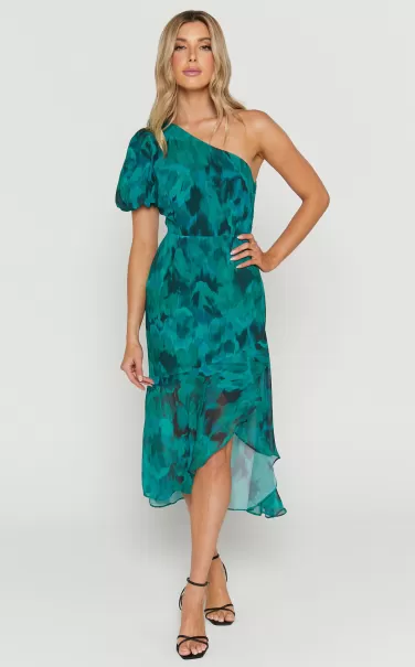 Showpo Curve Clothes Women Clabelle Midi Dress - One Shoulder Ruffle Tulip Hem Dress In Emerald Blur Floral