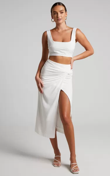 Showpo Curve Clothes Gibson Two Piece Set - Linen Look Crop Top And Knot Front Midi Skirt Set In White Women