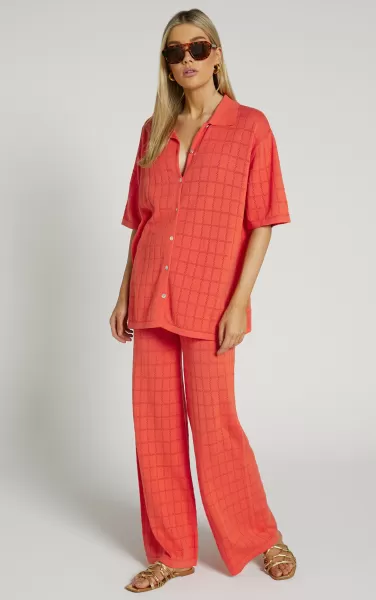 Tommy Two Piece Set - Knit Button Through Top And Pants Two Piece Set In Coral Women Curve Clothes Showpo