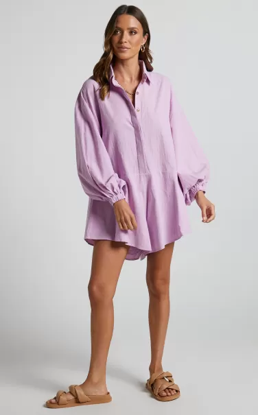 Anka Playsuit - Relaxed Button Front Shirt Playsuit In Lilac Women Showpo Curve Clothes