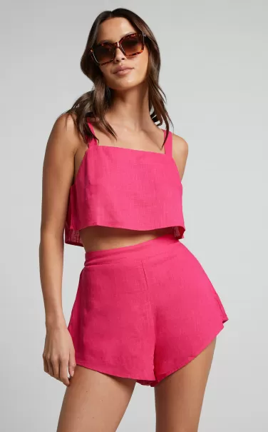 Showpo Women Zanrie Two Piece Set - Linen Look Square Neck Crop Top And High Waist Mini Flare Shorts Set In Hot Pink Curve Clothes