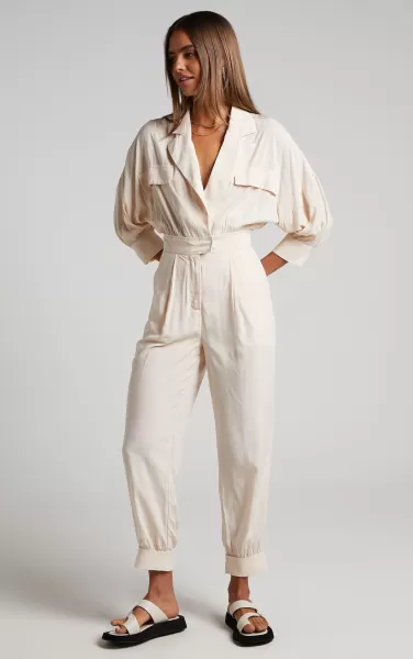 Ayelin Jumpsuit - Linen Look Relaxed 3/4 Sleeve Jumpsuit In Cream Showpo Women Curve Clothes