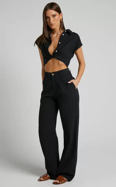 Women Larissa Trousers - Linen Look Mid Waisted Relaxed Straight Leg Trousers In Black Showpo Curve Clothes