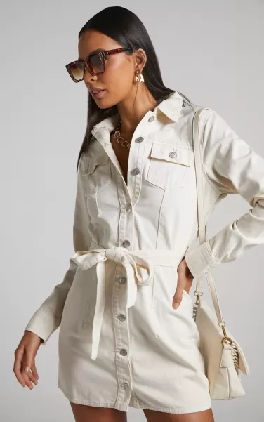 Curve Clothes Enriquetta Mini Dress -  Cotton Denim Long Sleeve Button Up Dress In Ecru Showpo Women
