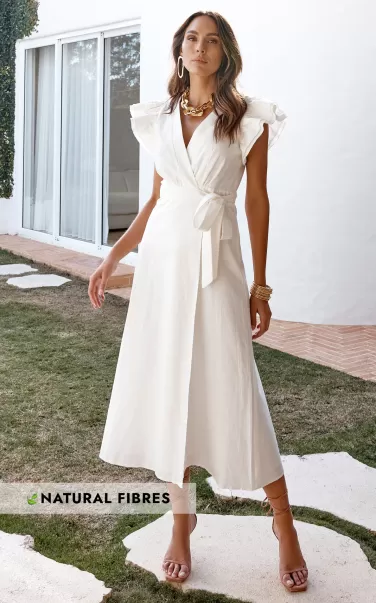 Amalie The Label - Palmer Linen Look Frill Sleeve Wrap Dress In White Curve Clothes Showpo Women