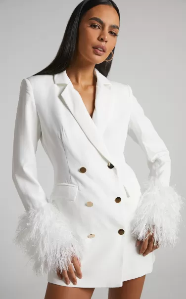 Women Curve Clothes Rhaiza Mini Dress - Faux Feather Trim Double Breasted Blazer Dress In White Showpo