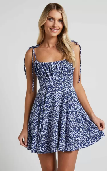 Showpo Women Summer Jam Mini Dress - Strappy Slip Dress In Blue Floral Curve Clothes