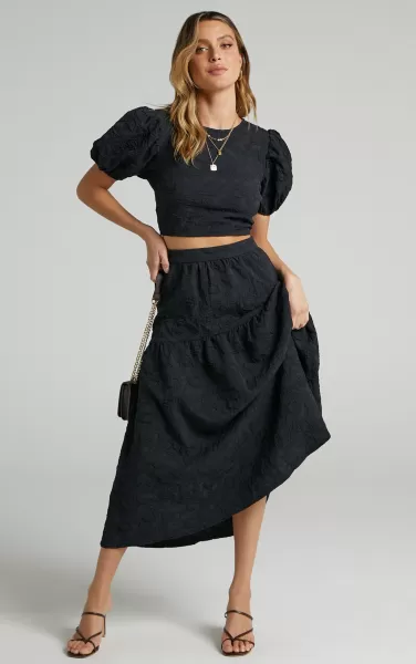 Showpo Curve Clothes Women Leila Two Piece Set - Puff Sleeve Top And Midi Skirt Set In Black