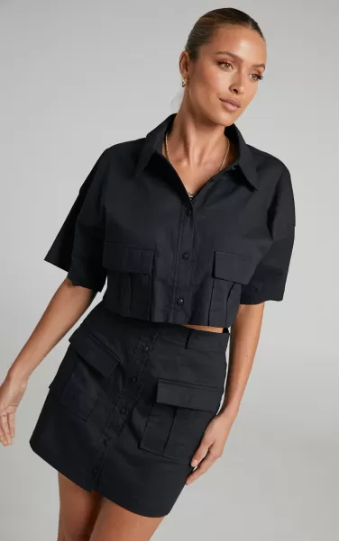 Navine Two Piece Set - Button Front Crop Top And Cargo Pocket Mini Skirt Set In Black Women Curve Clothes Showpo