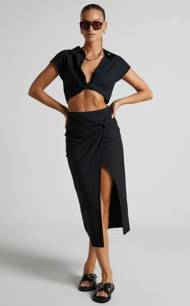 Marieta Midi Skirt - Linen Look Knot Front Skirt In Black Curve Clothes Showpo Women