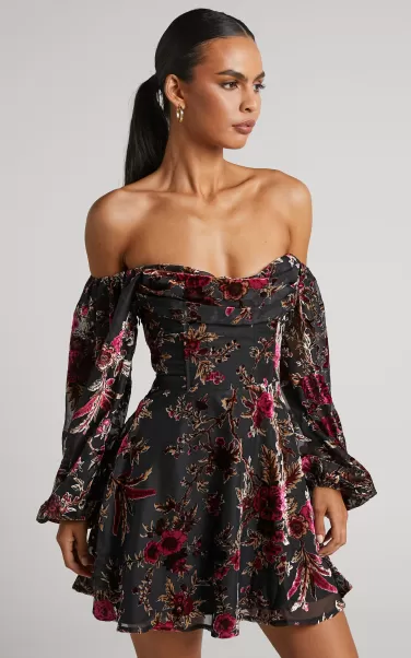 Jessell Mini Dress - Long Sleeve Cowl Corset Dress In Black Floral Women Showpo Curve Clothes