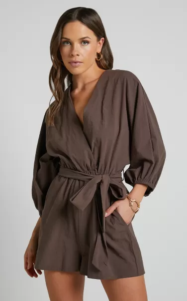 Women Kiro Playsuit - Linen Look V Neck Puff Sleeve Tie Waist Playsuit In Chocolate Curve Clothes Showpo