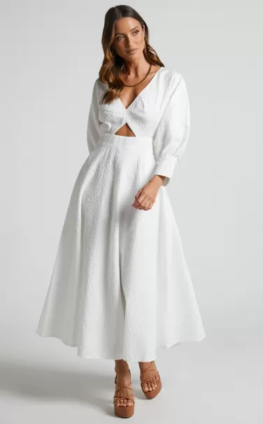 Women Showpo Curve Clothes Ashtina Midi Dress - V Neck Cut Out Puff Sleeve Dress In White
