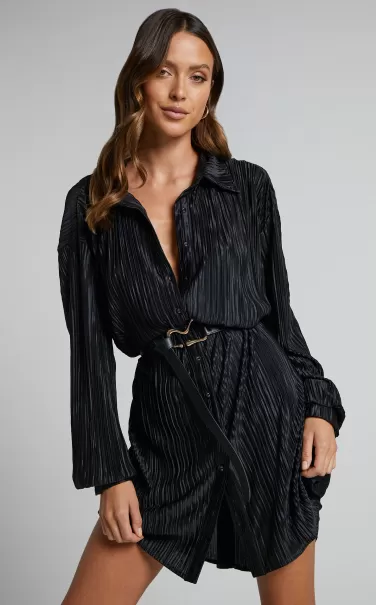 Beca Mini Dress - Crinkle Button Up Shirt Dress In Black Women Curve Clothes Showpo