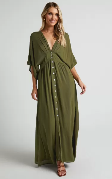 Sitting Pretty Midi Dress - Short Sleeve Button Down Dress In Olive Women Curve Clothes Showpo