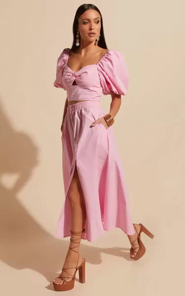 Alpha Two Piece Set - Linen Look Puff Sleeve Twist Bodice Top Midi Skirt In Light Pink Curve Clothes Showpo Women