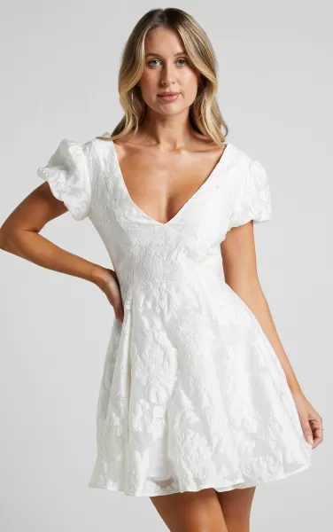 Brailey Jacquard Mini Dress - Puff Sleeve Dress In White Showpo Curve Clothes Women