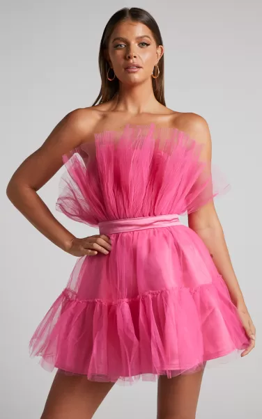 Curve Clothes Amalya Mini Dress - Tiered Tulle Fit And Flare Dress In Hot Pink Showpo Women