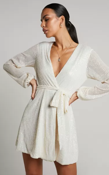 Showpo Three Of Us Mini Dress - Long Sleeve Wrap Dress In White Sequin Curve Clothes Women