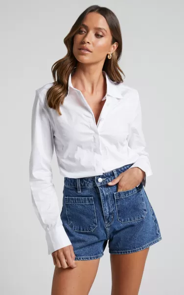 Showpo Women Curve Clothes Briannon Shirt - Long Sleeve Fitted Collared Button Up Shirt In White