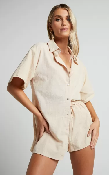 Showpo Curve Clothes Vina Del Mar Two Piece Set - Button Up Shirt And Shorts Set In Oatmeal Women