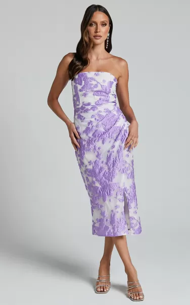 Curve Clothes Women Brailey Midi Dress - Thigh Split Strapless Dress In Purple Jacquard Showpo
