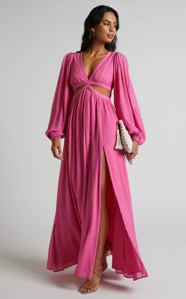 Paige Maxi Dress - Side Cut Out Balloon Sleeve Dress In Pink Women Showpo Curve Clothes