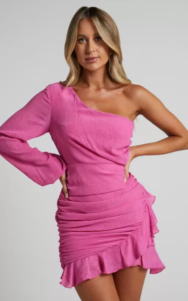 Curve Clothes Women Paige Mini Dress - One Shoulder Frill Hem Wrap Skirt Dress In Pink Showpo
