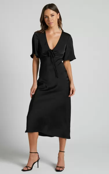 Curve Clothes Showpo Nicholla Midi Dress - Ruched Front Angel Sleeve Slip Dress In Black Women