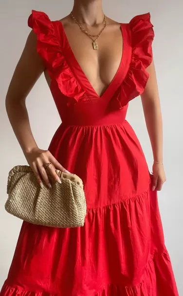 Showpo Curve Clothes Women Levona Midi Dress - Ruffle Shoulder Tiered Dress In Cherry Tomato