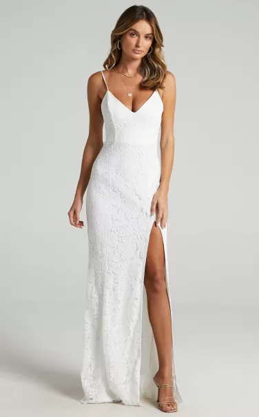Women Showpo Always Extra Maxi Dress - Thigh Split Dress In White Lace Curve Clothes