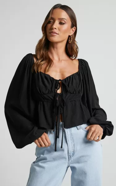 Women Showpo Curve Clothes Nadine Top - Long Sleeve Ruched Bust Top In Black
