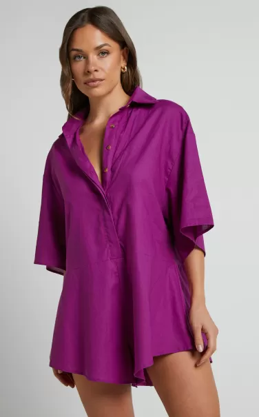 Women Ankana Playsuit - Short Sleeve Relaxed Button Front Playsuit In Magenta Curve Clothes Showpo