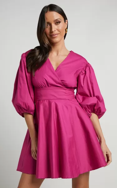 Curve Clothes Zyla Mini Dress - Puff Sleeve Wrap Dress In Berry Showpo Women