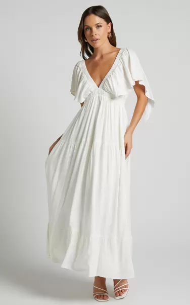 Curve Clothes Lyrad Midi Dress - Linen Look Empire Waist Textured Dress In White Women Showpo
