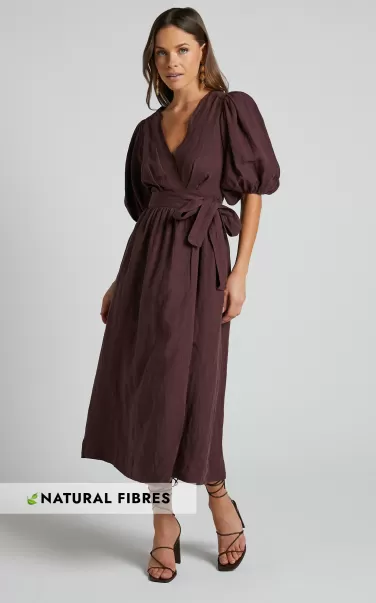 Curve Clothes Amalie The Label - Franc Linen Puff Sleeve Wrap Midi Dress In Dark Plum Women Showpo